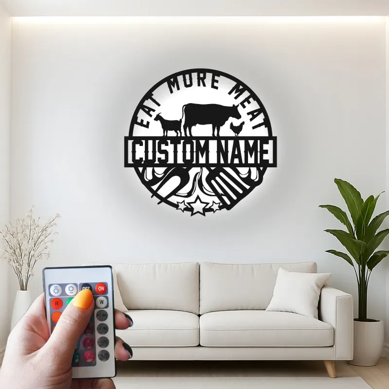 Custom Eat More Meat Led Light Metal Wall Art BBQ Lover Gift Outdoor Kitchen or Grill Area Decor