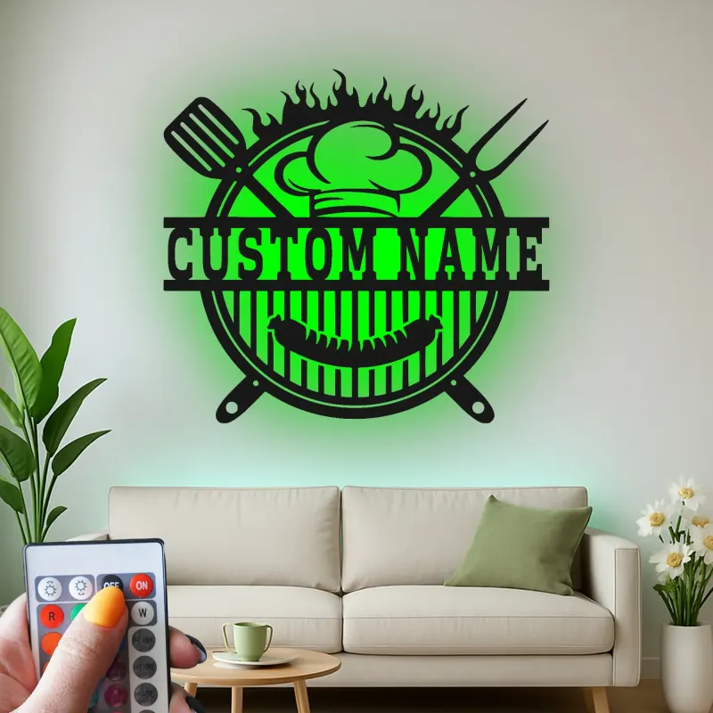 Insegna in metallo personalizzata con BBQ Grill e luce LED regalo personalizzato per maestro della griglia decorazione per cucina all'aperto