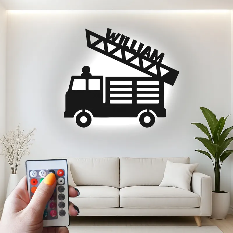 Personalized Fire Truck Name Sign | LED Metal Wall Art for Boys Room | Custom Kids Decor | Nursery Night Light