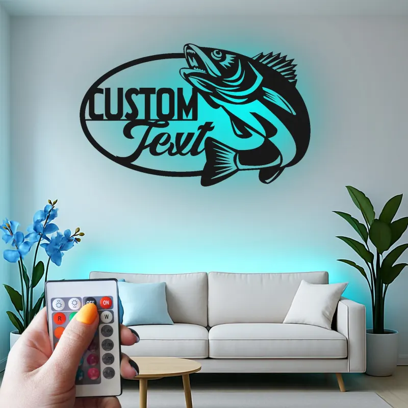 Enseigne de pêche sur mesure en métal | Décor LED avec prénom de pêcheur | Décoration rustique pour maison de lac, chalet et man cave