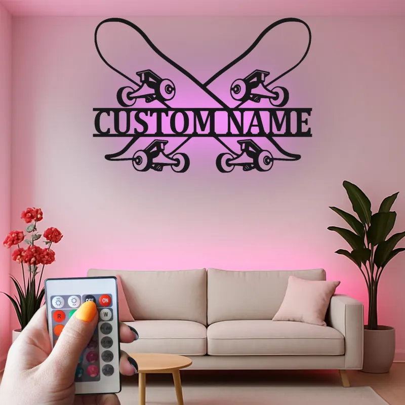 Personalisierte Skateboard LED-Licht Metall-Wandkunst Geschenk für Skater Jugendzimmer oder Skate-Shop Dekoration
