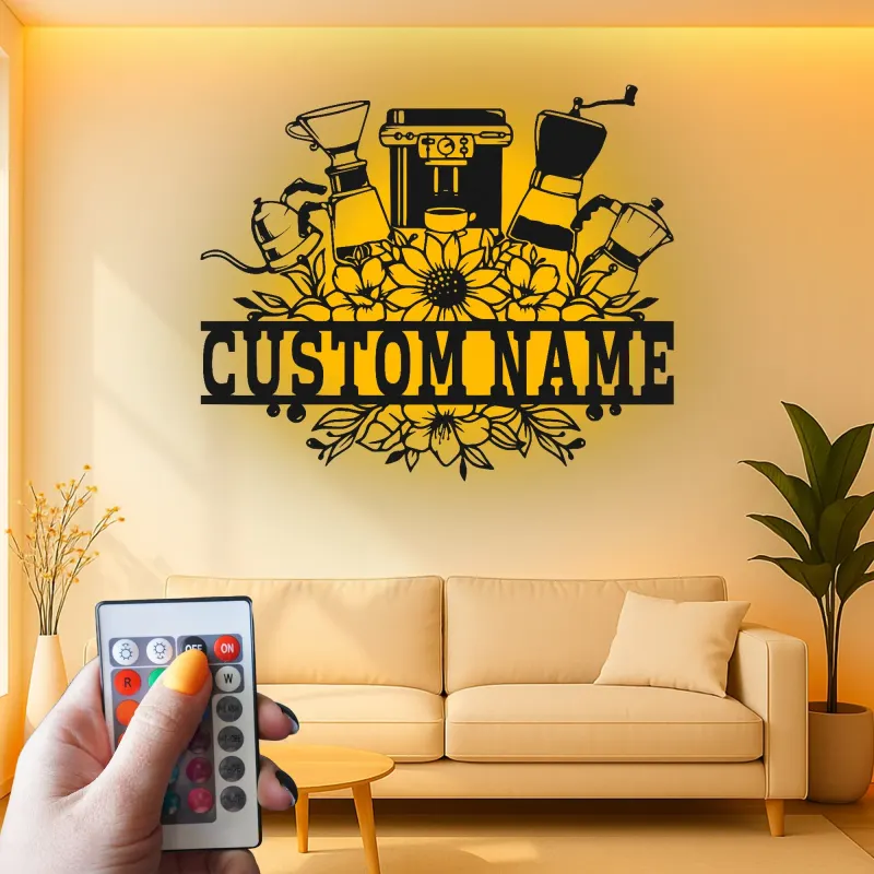 Insegna in metallo personalizzata con luce LED per macchina da caffè, regalo per amanti del caffè, decorazione per cucina e caffè