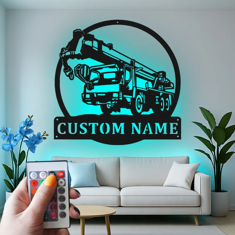 Personalisierte LED-Metall-Wandkunst mit Kranwagen – Geschenk für Bauarbeiter, Garage oder Werkstatt