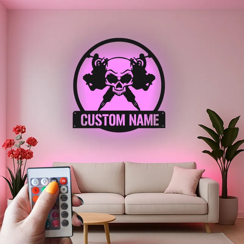 Personalisierte Skull LED-Leuchtschilder | Individuelles Metallschild für Tattoo-Studios | Edles Dekor für Tattoo-Studios und Künstlergeschenke