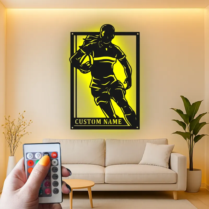 Décoration murale en métal personnalisée avec lumière LED de joueur de rugby