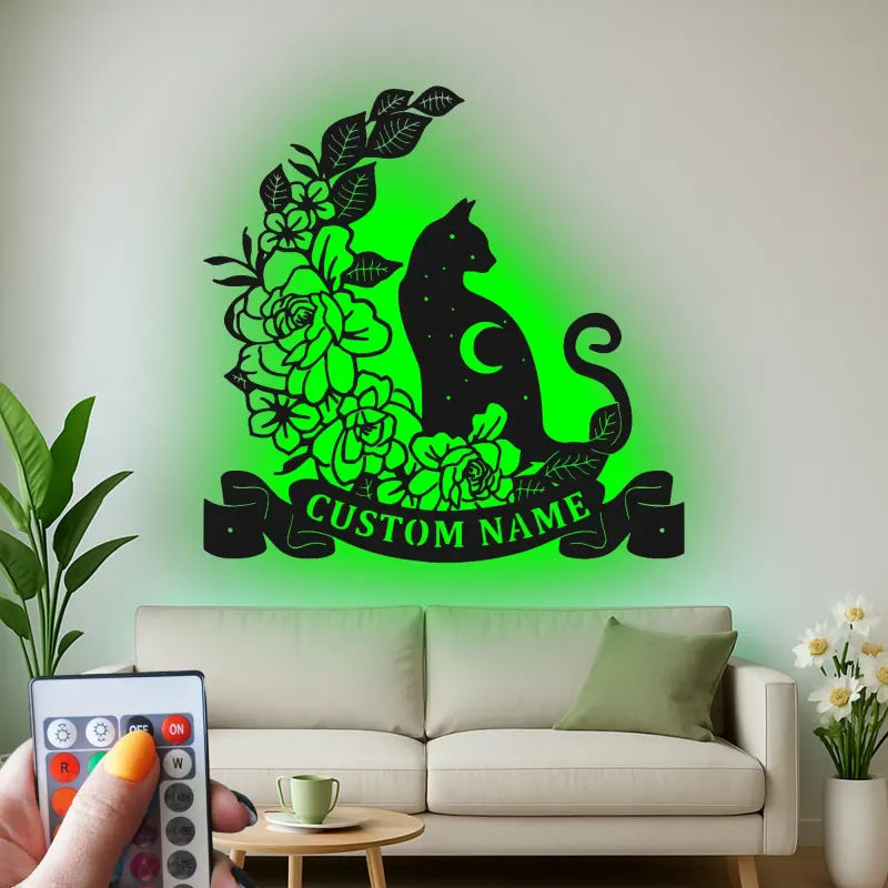 Décoration murale en métal personnalisée Chat et Fleurs avec rétroéclairage LED Cadeau pour amoureux des chats Décor de chambre ou de salon