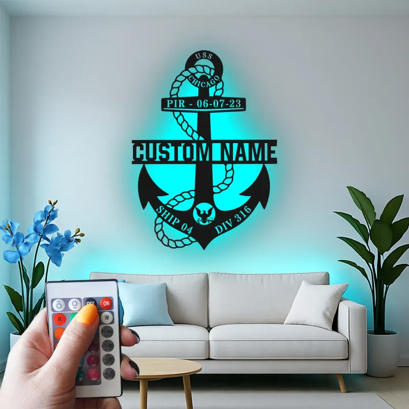 Custom Anchor LED Sign | Personalized Navy Family Gift | Metal Maritime Wall Art for Coastal Home Decor