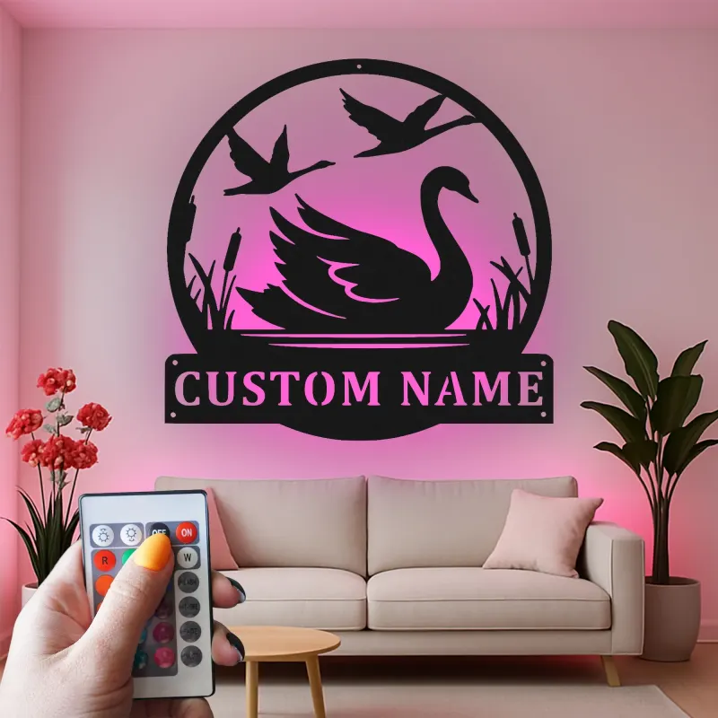 Décoration murale en métal personnalisée Cygne et Oies avec Rétroéclairage Cadeau pour Amoureux de la Nature Chambre ou Salon