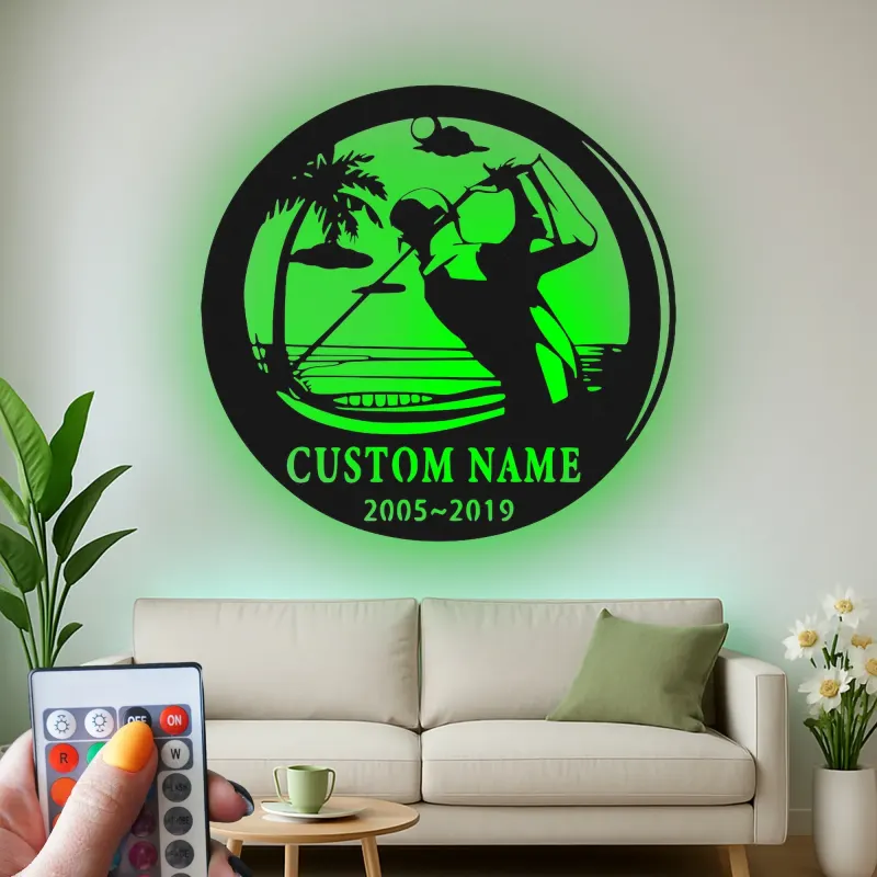 Panneau métallique personnalisé pour golfeur | Décoration murale LED pour bureau et maison | Cadeau personnalisé pour amateur de golf | Déco de man cave