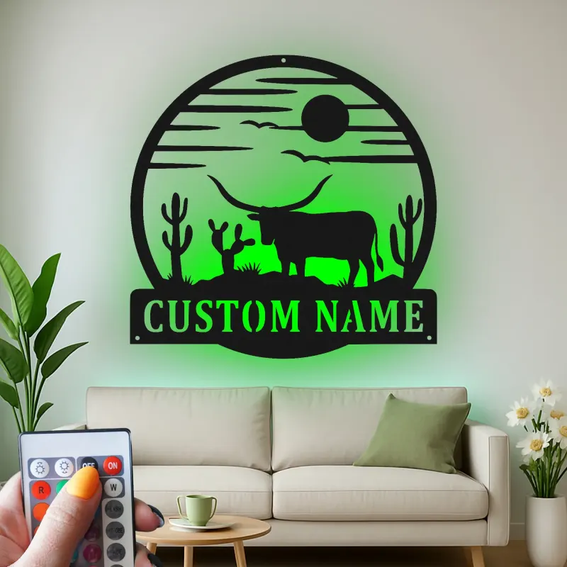 Insegna in metallo Texas Longhorn personalizzata | Insegna LED per ranch | Scena desertica per arredamento rustico
