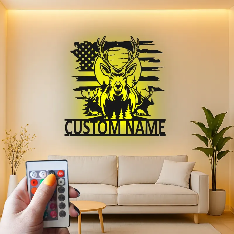 Insegna in metallo LED personalizzata con cervo e bandiera americana - Regalo personalizzato per cacciatori, decorazione rustica per cabin
