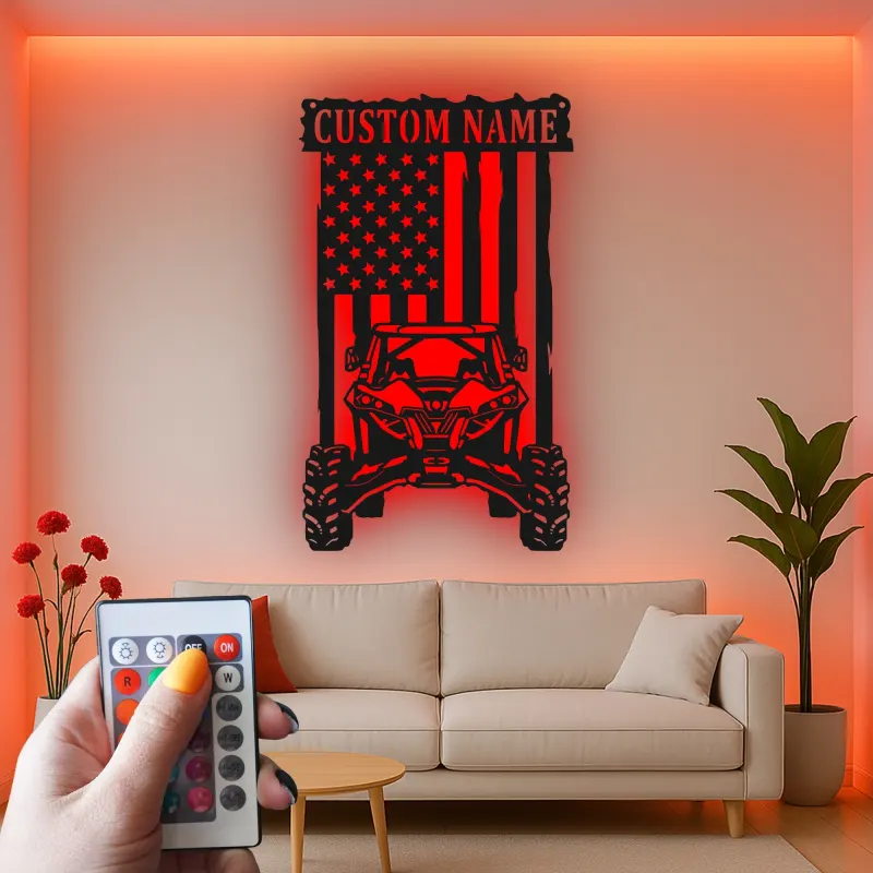 Insegna in metallo LED personalizzata con bandiera americana per ATV - Regalo per appassionati di fuoristrada, decorazione per garage o man cave