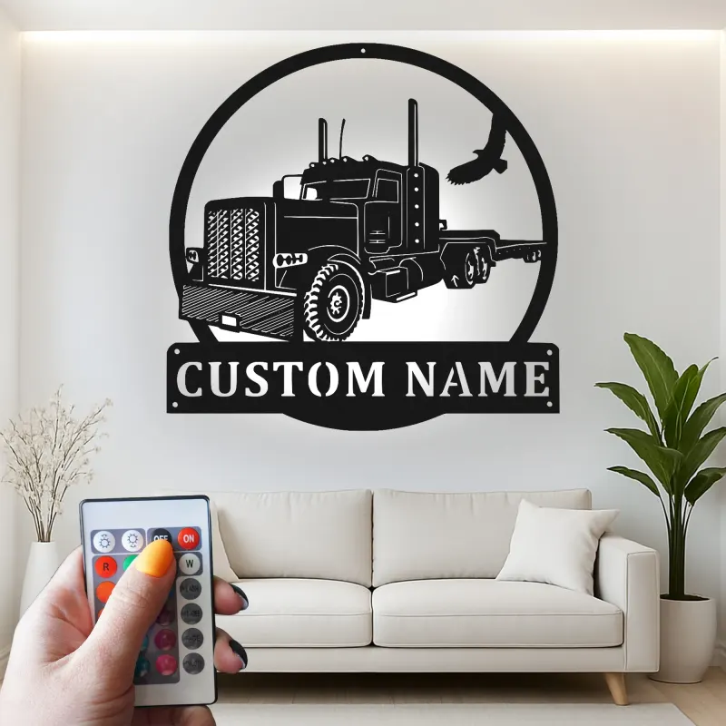 Custom Semi Truck LED Metal Sign | Personalized Trucker Name Art | Big Rig Decor for Man Cave | Gift for Driver