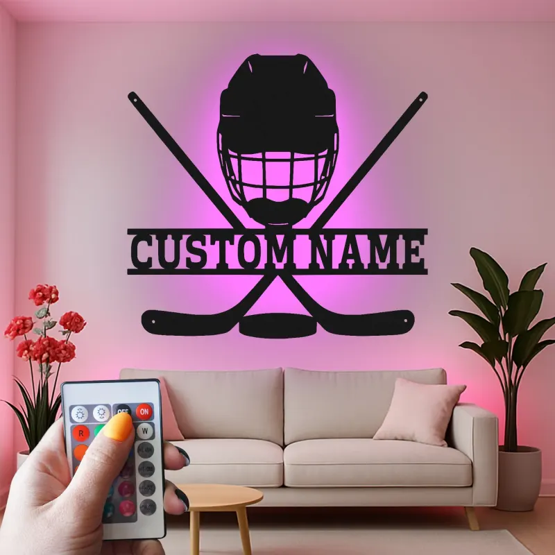 Enseigne personnalisée de hockey | Décoration murale LED en métal pour salle de jeux | Cadeau personnalisé pour joueur de hockey, garçons et fans