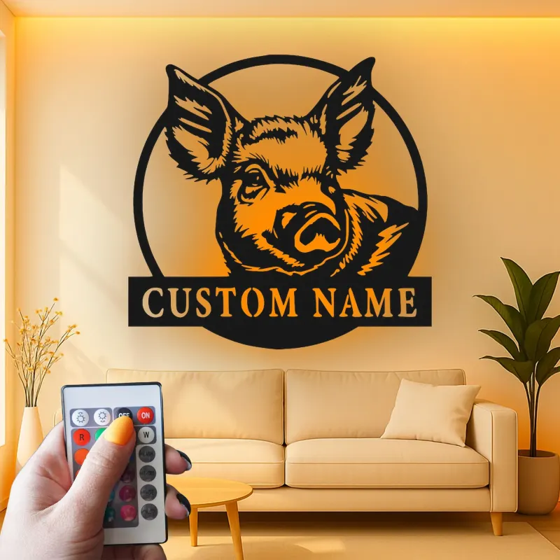 Cartel LED de retrato de cerdo personalizado | Decoración de granja personalizada | Arte mural de metal rústico para granero o hogar de campo moderno