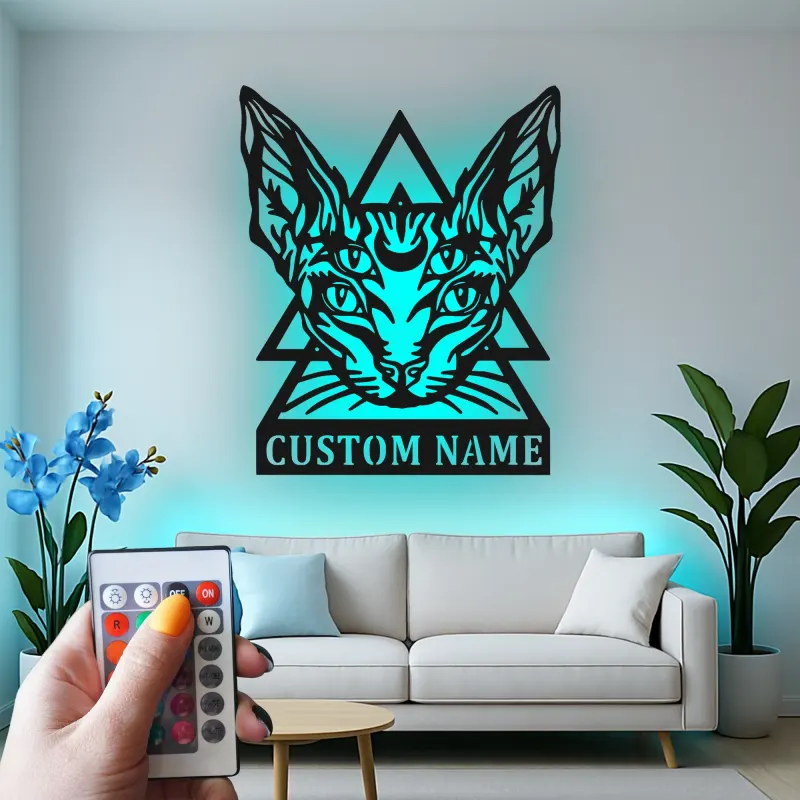 Art Mural en Métal LED de Chat Sphynx | Décor Gothique Personnalisé pour la Maison | Cadeau Personnalisé pour Amateurs de Chats Sorciers pour Salons et Studios