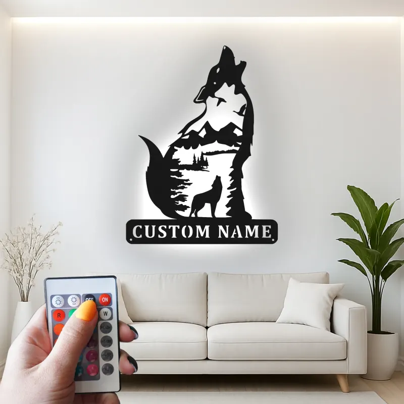 Cartel de metal personalizado de lobo aullando con luz LED Regalo para amantes de la naturaleza Decoración rústica de cabaña 3