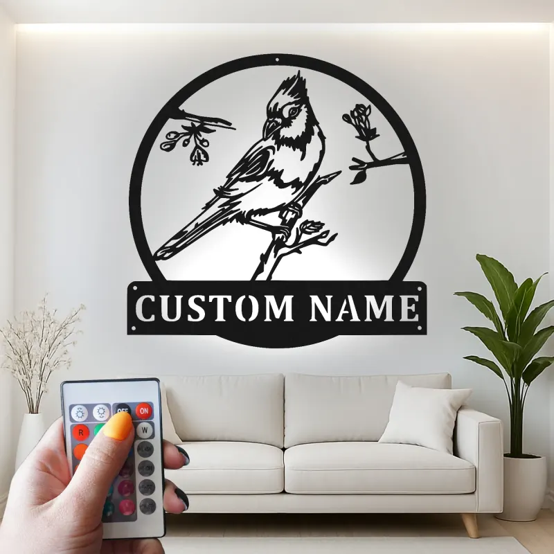 Custom Bird on Branch Led Light Metal Wall Art Personalized Nature Lover Gift Living Room or Garden Decor 1