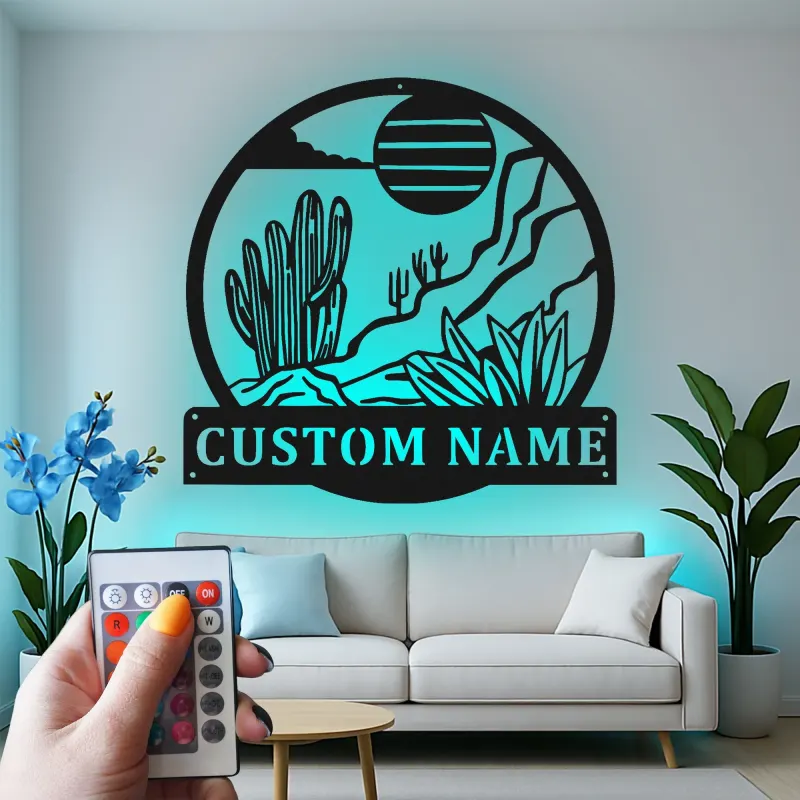 Décoration murale en métal personnalisée Paysage désertique avec rétroéclairage LED Cadeau pour les amoureux de la nature Décor de salon ou de bureau