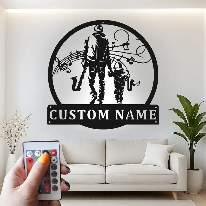 Personalized Saxophone Player LED Sign | Custom Musician & Child Metal Wall Art | Music Room Decor | Gift for Dad