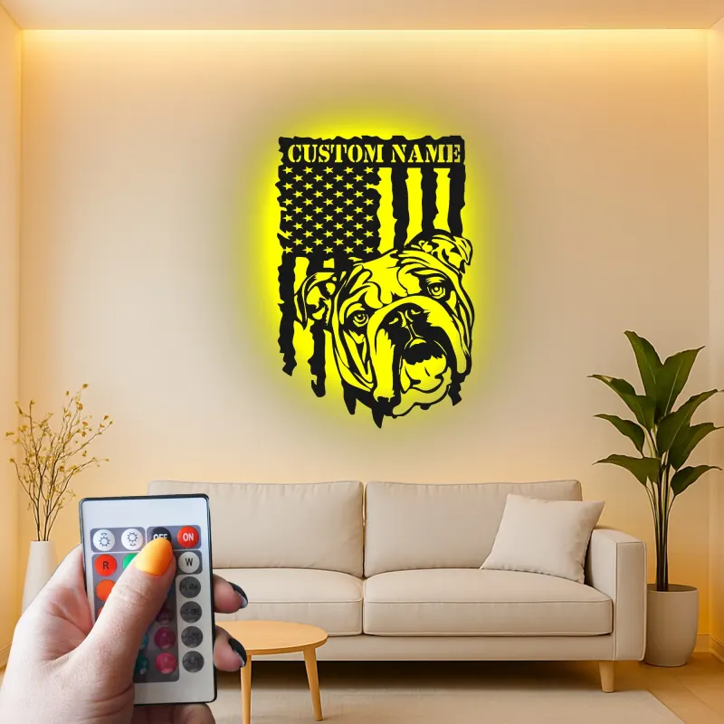 Décoration murale en métal personnalisée avec bulldog et drapeau américain éclairée LED - Cadeau pour amoureux des chiens, décoration intérieure patriotique