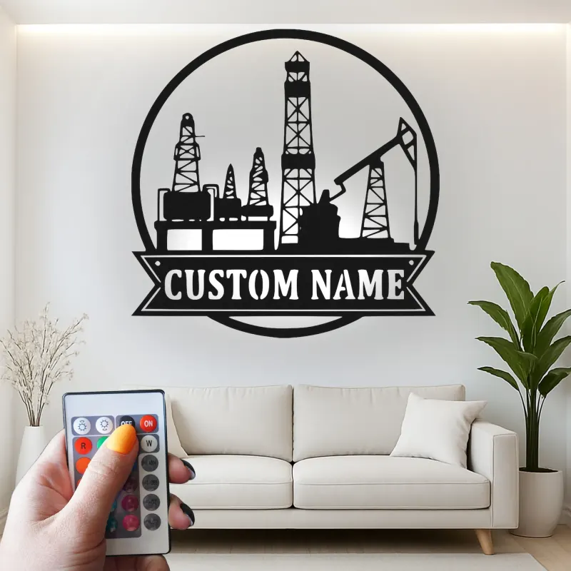 Cartel LED personalizado de torre petrolífera | Arte mural de metal personalizado | Decoración industrial para trabajador del petróleo y regalo para roughneck