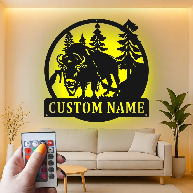 Décoration murale en métal personnalisée avec un bison en forêt, rétroéclairage LED, cadeau de faune personnalisé pour les amoureux de la nature, décoration de cabane