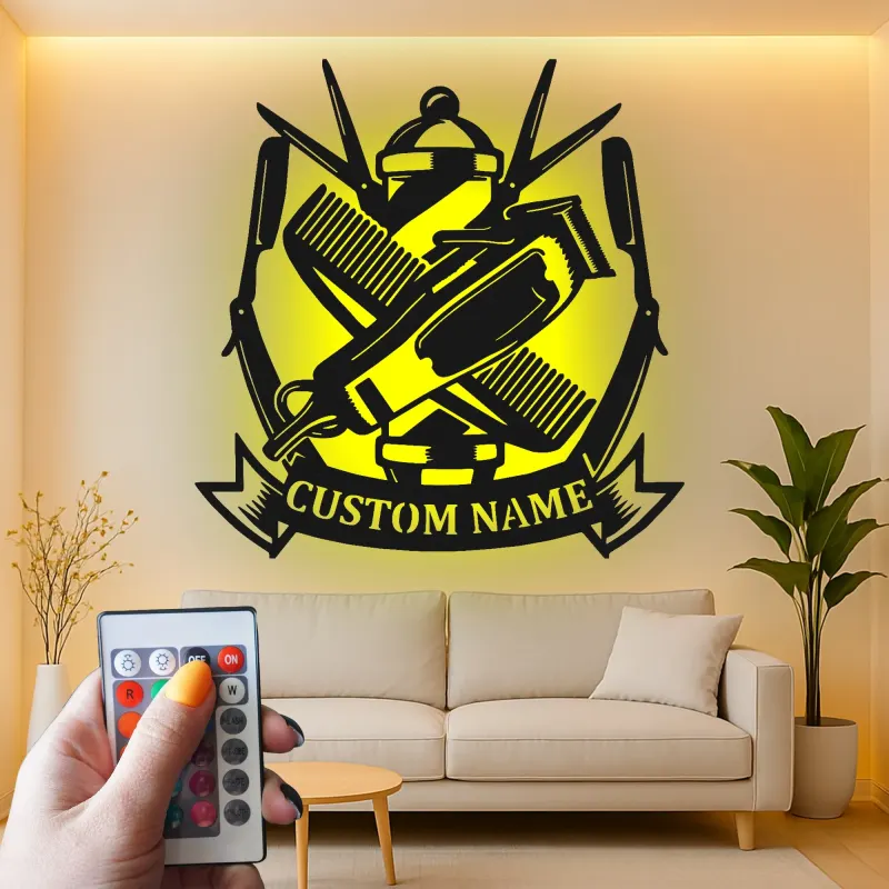 Custom Barber Tools Led Light Metal Wall Art Personalized Gift for Barbers Barber Shop Decor
