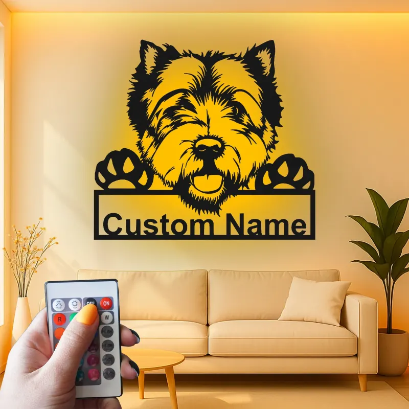 Cartel de metal personalizado con luz LED de perro Terrier, regalo para padres de mascotas, decoración para salón o entrada 1