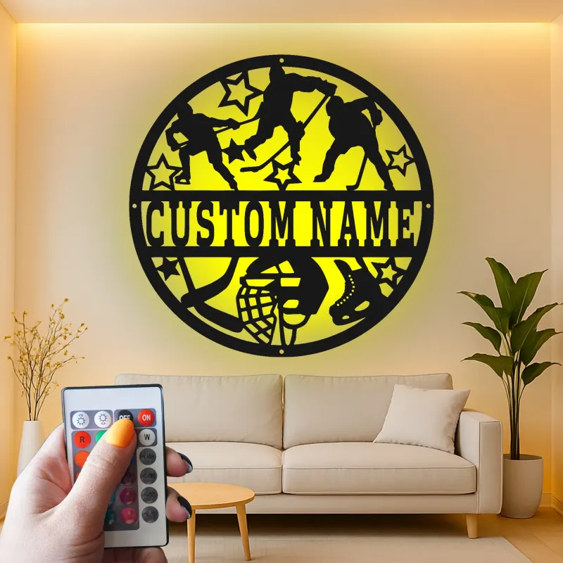 Decoración mural LED de hockey personalizada | Cartel de metal con nombre personalizado | Regalo para jugador de hockey | Decoración para habitación infantil y cueva masculina