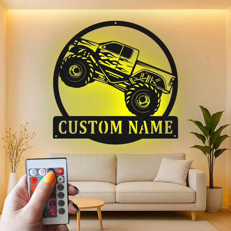 Personalisierte Monstertruck Metall-Schild | LED Licht Wandkunst | Männerzimmer-Dekoration & Geschenk für das Kinderzimmer | Offroad-Fahrzeug-Kunst