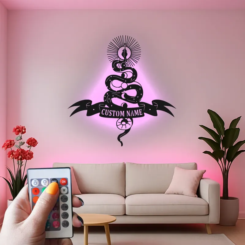 Insegna LED con serpente mistico | Arte in metallo personalizzata | Decorazione celestiale per saloni e studi | Targa gotica personalizzata