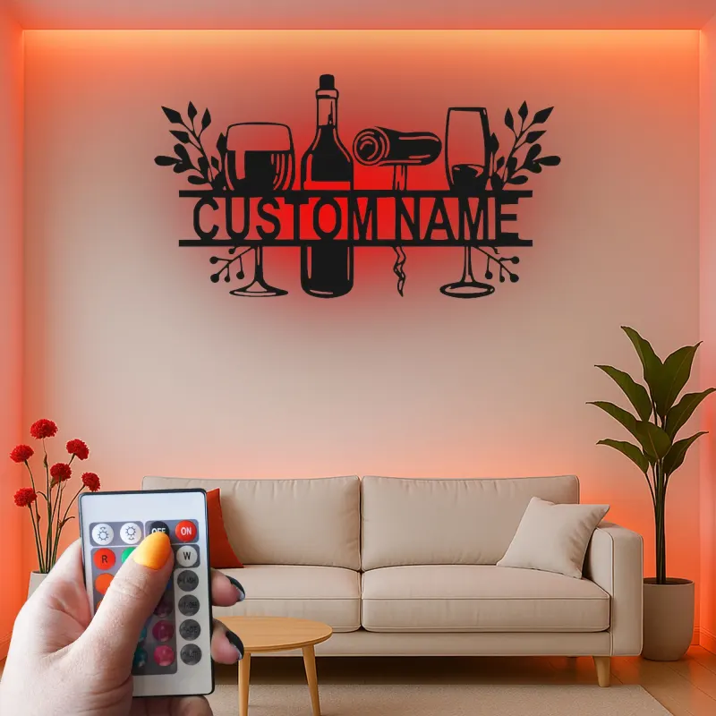 Custom Wine Bar Led Light Metal Wall Art Personalized Wine Lover Gift Kitchen or Home Bar Decor