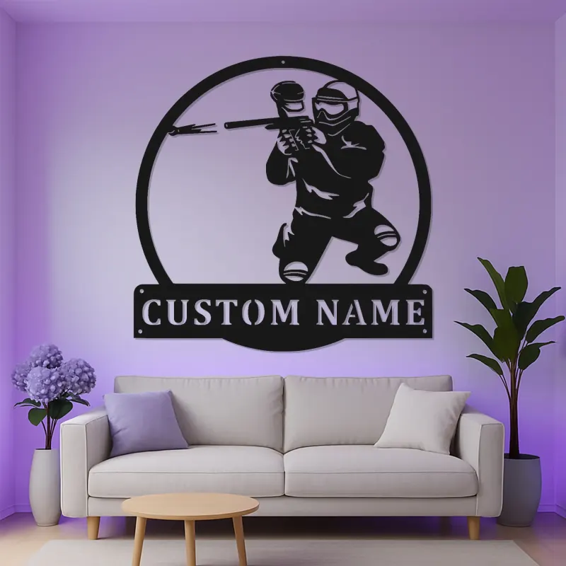 Insegna LED personalizzata per giocatore di paintball | Arte murale in metallo personalizzata | Decorazione per sala giochi e man cave | Luce d'azione retroilluminata