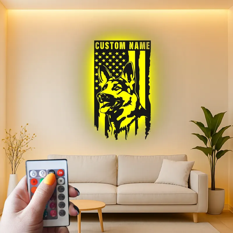 German Shepherd LED Sign | Custom Name Patriotic Metal Wall Art | K9 Dog Lover Gift for Him | USA Flag Home Decor