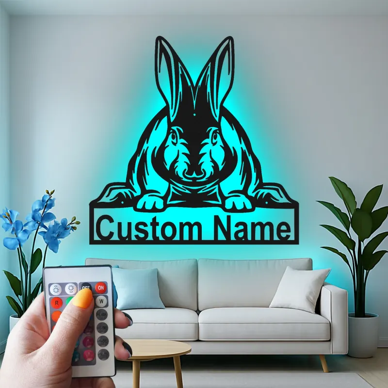 Realistic Rabbit LED Sign | Custom Metal Name Plaque for Nursery | Personalized Bunny Wall Art | Animal Lover Gift
