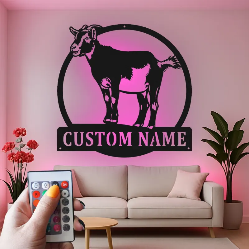 Insegna LED personalizzata con capra | Arte murale in metallo personalizzata per farmhouse e fienile | Regalo per rancher