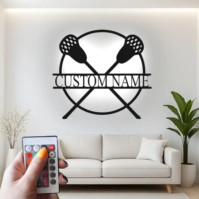 Custom Lacrosse Sticks Led Light Metal Wall Art Personalized Gift for Lacrosse Players Game Room Sports Decor