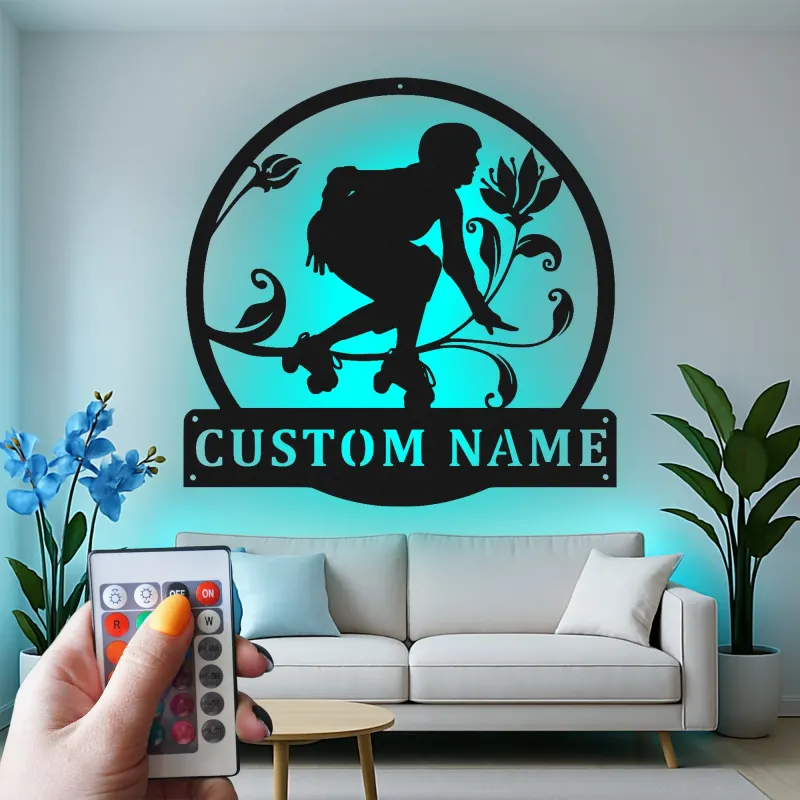 Panneau Personnalisé Roller Skate avec LED | Art Murale Métal Personnalisé pour Chambre d'Adolescent | Décor Fille Skater Floral