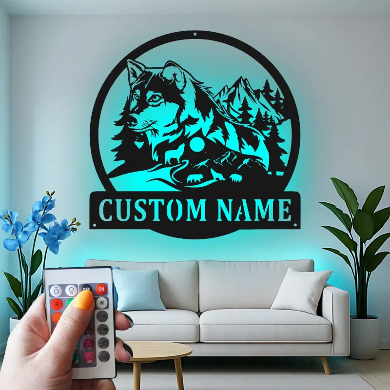 Custom Wolf Led Light Metal Wall Art Personalized Gift for Nature Lovers Rustic Cabin Decor