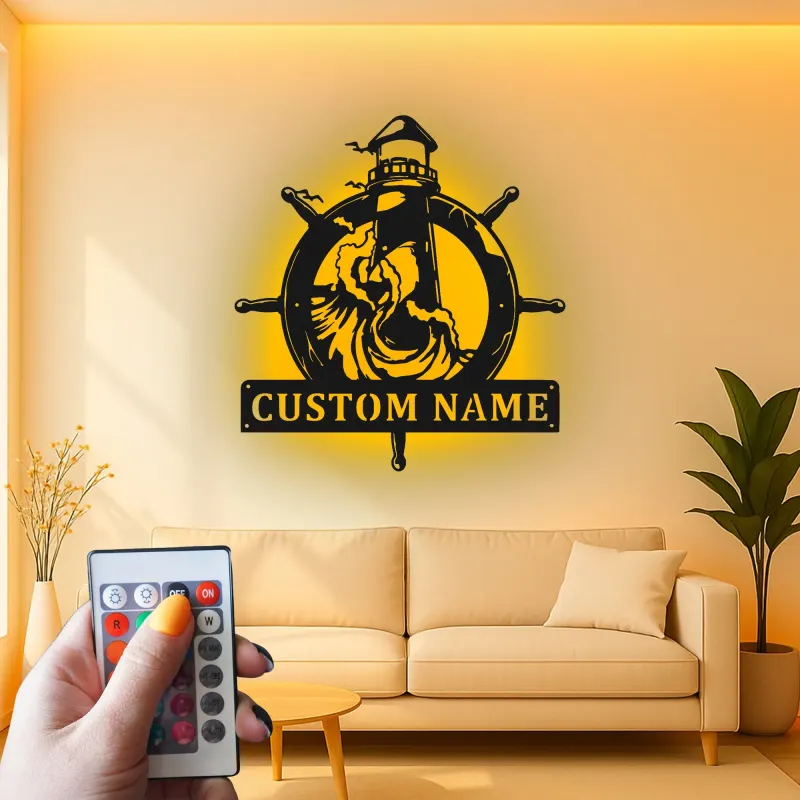 Custom Lighthouse Metal Sign | LED Nautical Wall Art | Personalized Ship Wheel Decor for Beach House | Maritime Gift