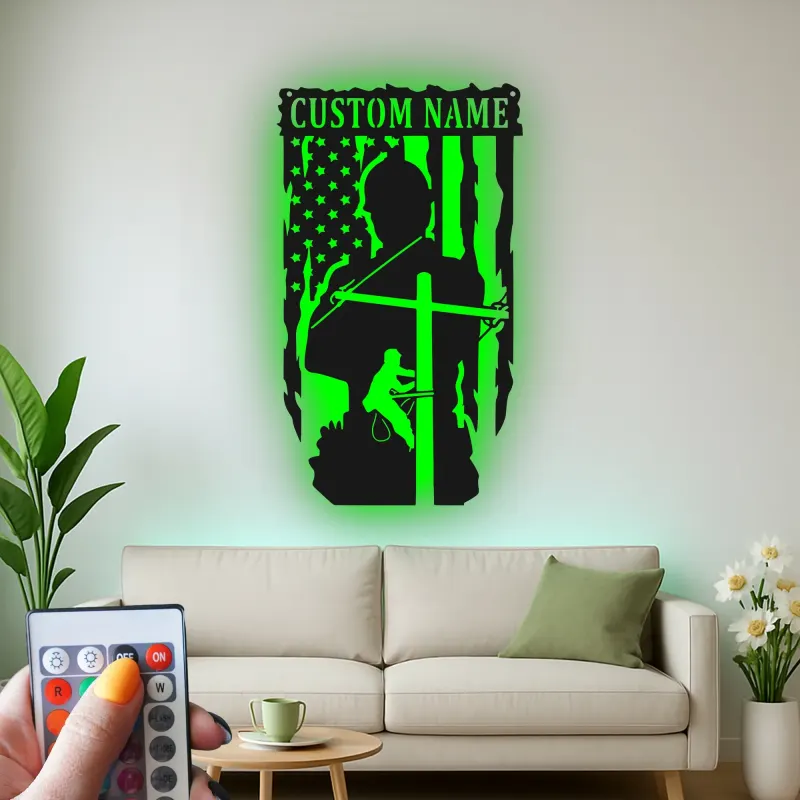 Lineman American Flag LED Sign | Custom Metal Wall Art | Personalized Electrician Gift for Man Cave | Patriotic Home Decor