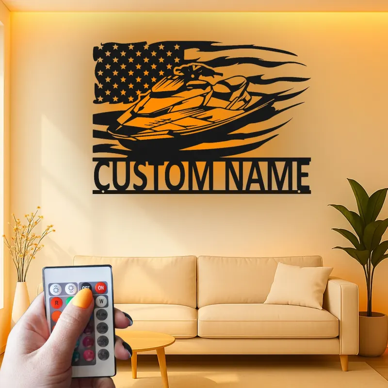 Insegna in metallo personalizzata per Jet Ski con LED | Insegna con nome per imbarcazione per casa al lago | Regalo per appassionati di nautica e decorazione per garage
