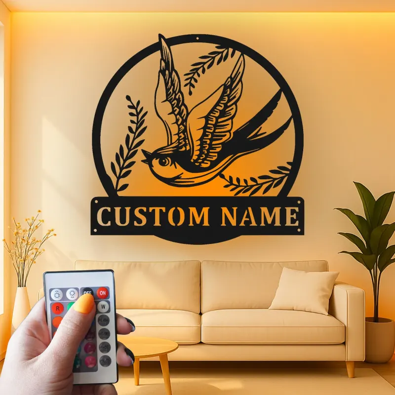 Custom Swallow Bird Led Light Metal Wall Art Personalized Gift for Nature Lovers Bedroom or Living Room Decor