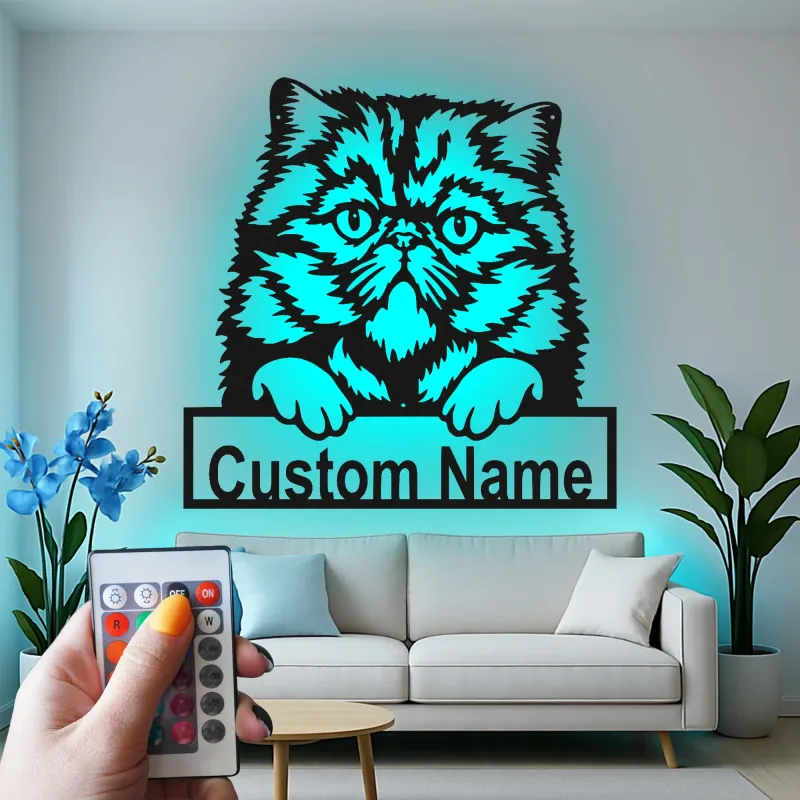 Cartel de metal LED de gato persa personalizado, regalo para amantes de mascotas, decoración para dormitorio o sala de estar 2