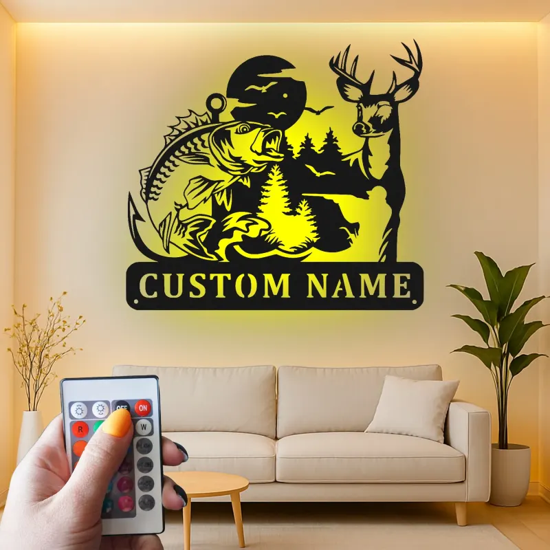 Cartel de metal LED personalizado de ciervo y pesca de lubina regalo para amantes del aire libre decoración de cabaña