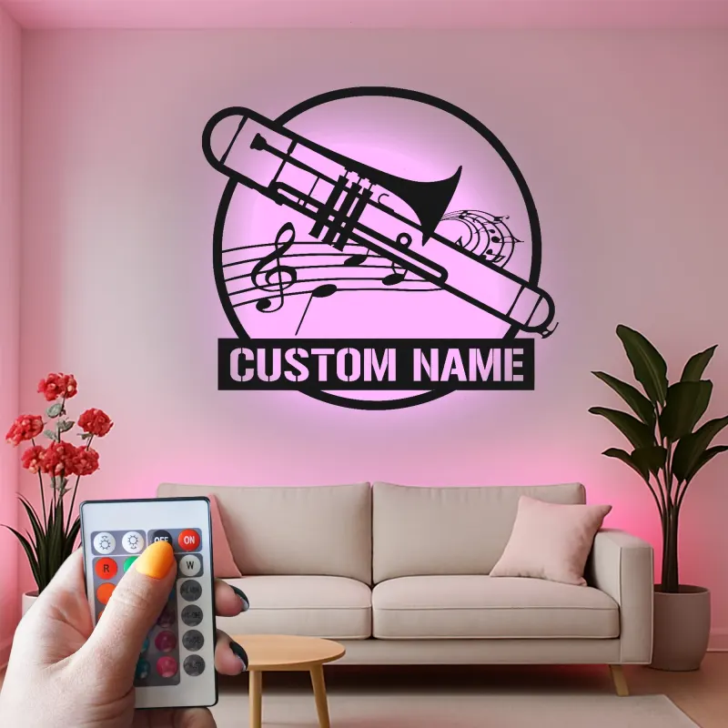 Décoration murale en métal personnalisée avec rétroéclairage LED Trombone - Cadeau pour Musicien - Décor de Salle de Musique pour Amateurs de Trombone