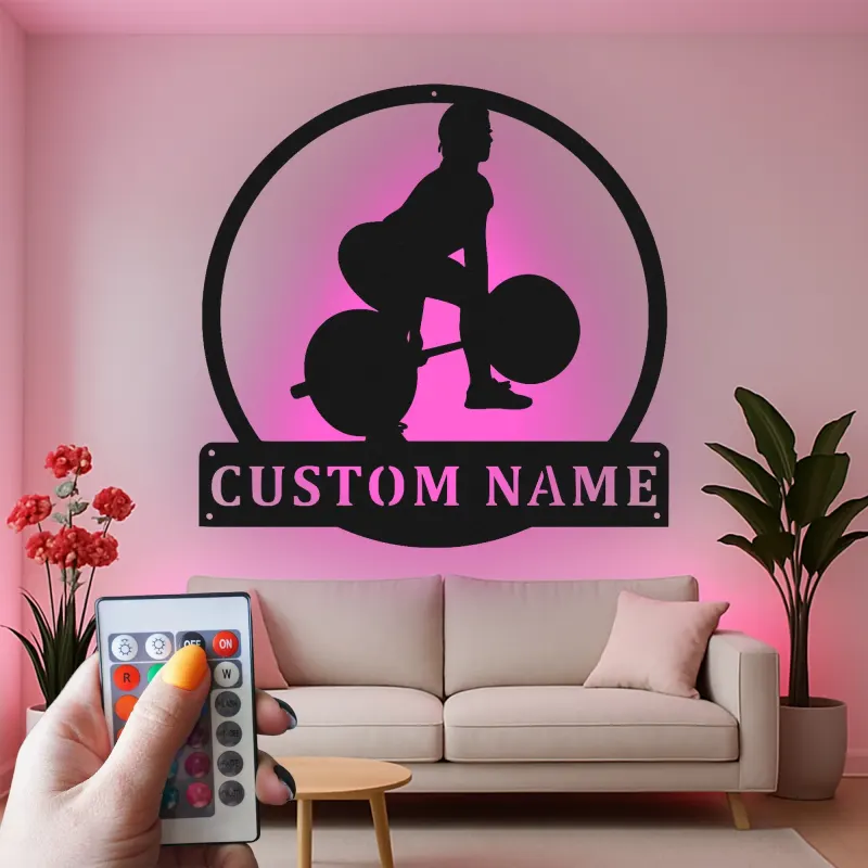 Décoration murale en métal personnalisée pour haltérophile avec rétroéclairage LED - Cadeau de fitness pour passionnés de gym