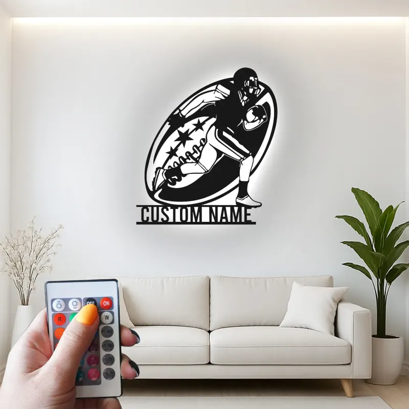 Insegna personalizzata con giocatore di football | Decorazione murale in metallo LED personalizzata | Arredo camera ragazzi e regalo per atleta | Luce sportiva per man cave