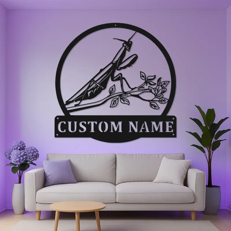 Praying Mantis LED Metal Art | Custom Name Sign for Garden Lovers | Realistic Insect Wall Decor